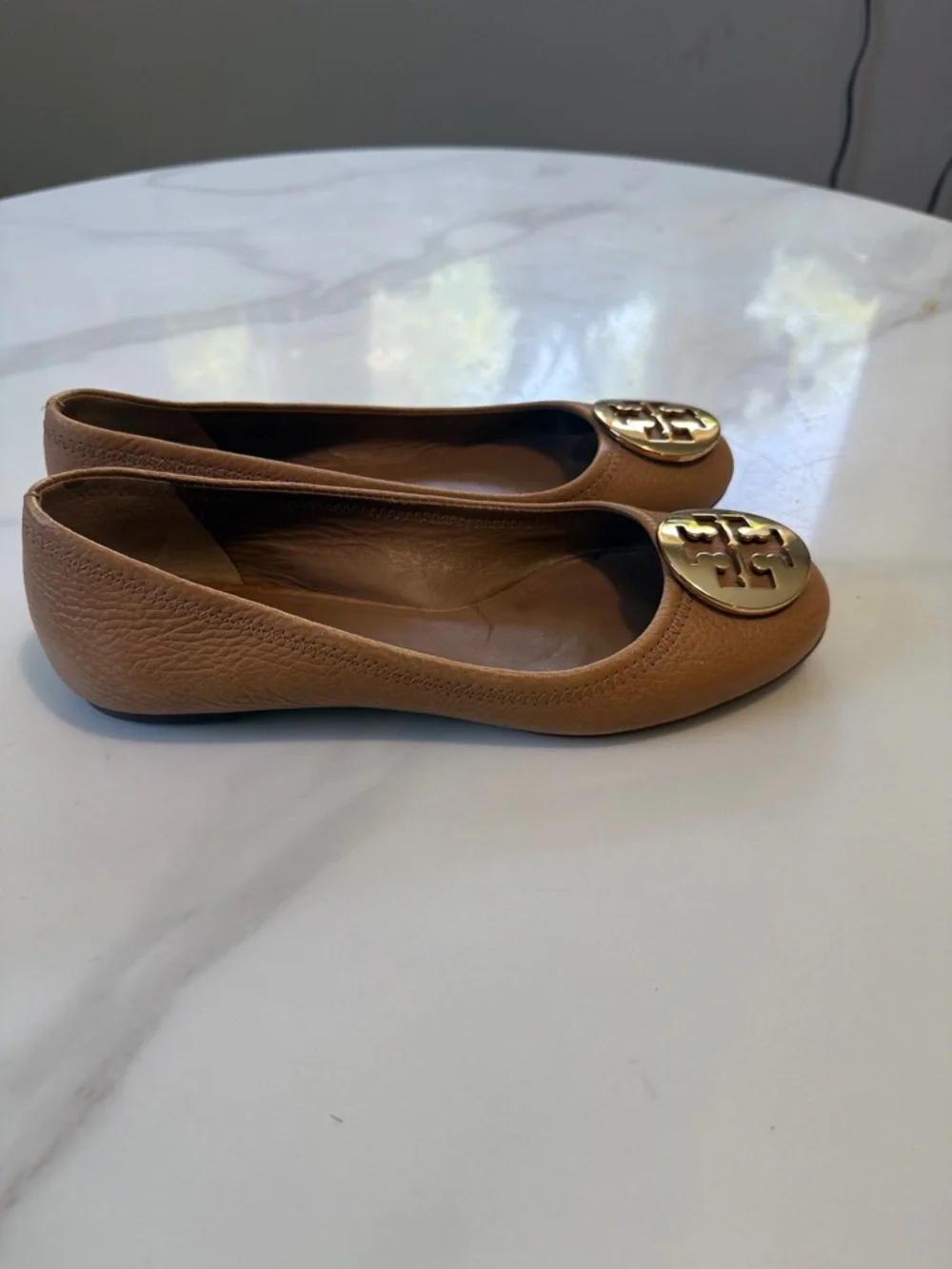 Tory Burch Cognac Leather Logo Ballet Flats